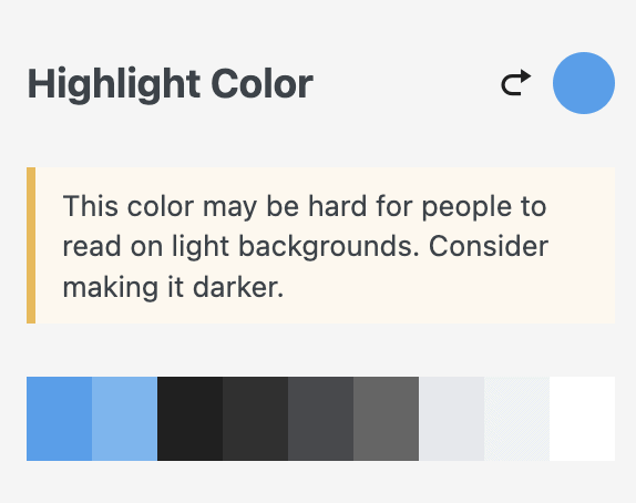 Zoom in on notification under Highlight Color setting reads "This color may be hard for people to read on light backgrounds. Consider making it darker."